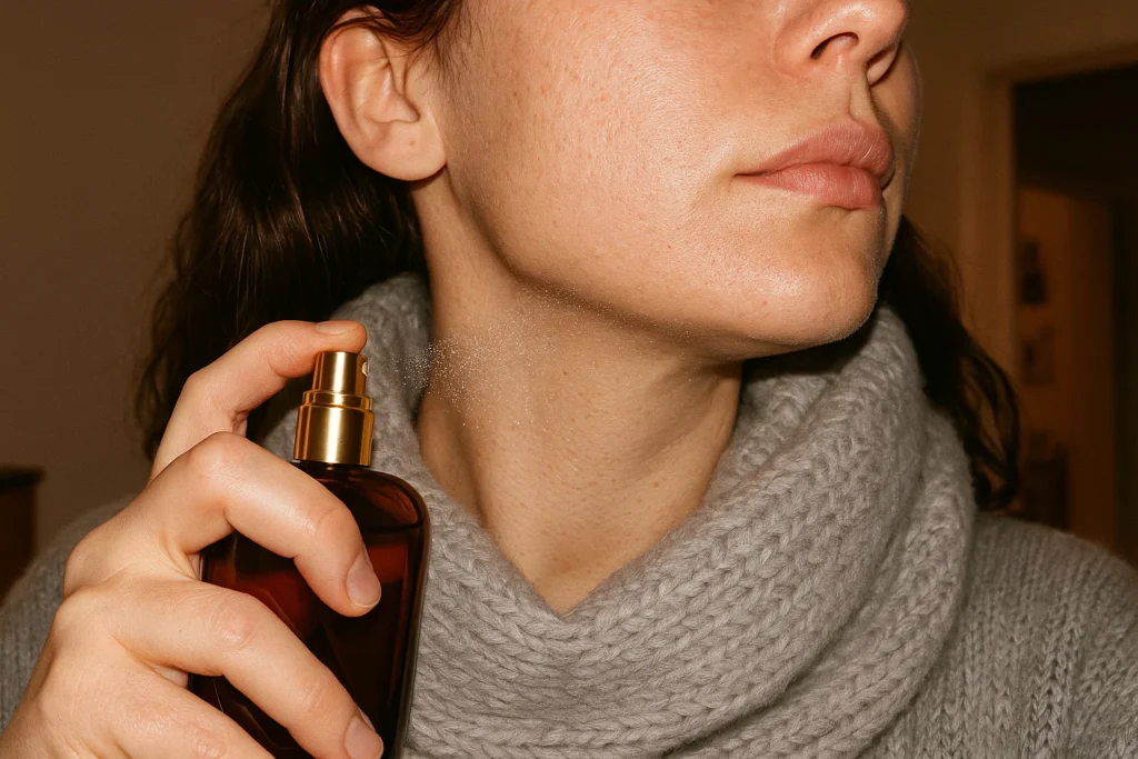Mano aplicando perfume en cuello y bufanda de lana con flash, detalle realista