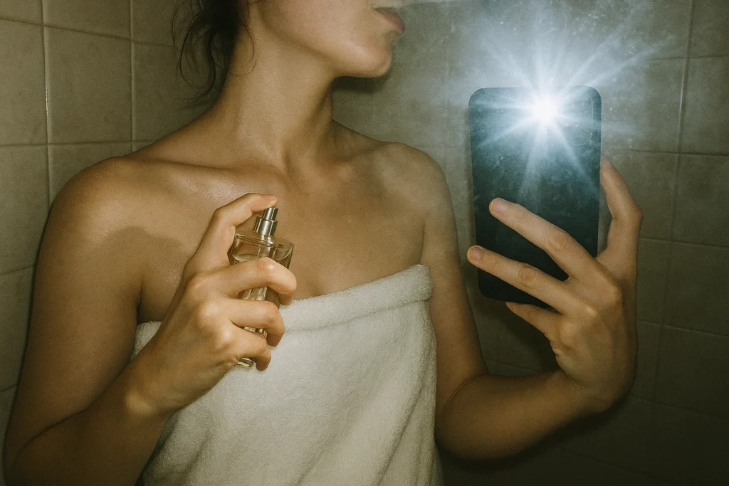 Mano aplicando perfume en clavícula frente al espejo, flash de móvil y destellos