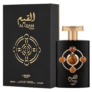 Perfume Ard Al Zaafaran Al Qiam Gold EDP 100 ml frasco dorado brillante con detalles negros