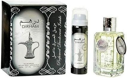 Perfume Ard Al Zaafaran Dirham EDP 100 ml frasco plateado con grabado árabe