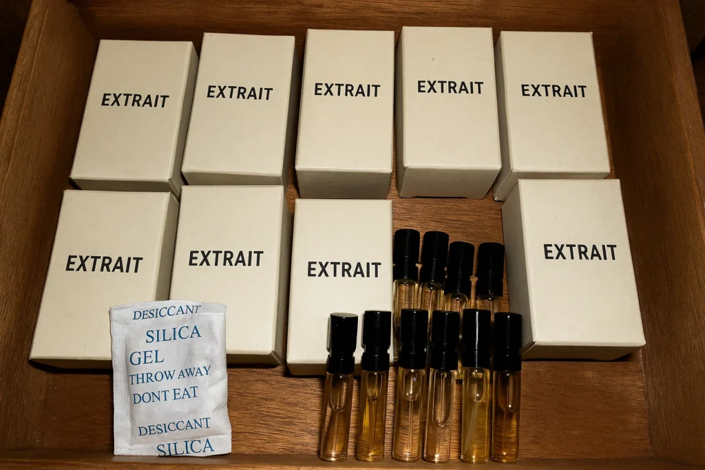 Cajón con extraits guardados en sus cajas para conservación; foto con flash directo.