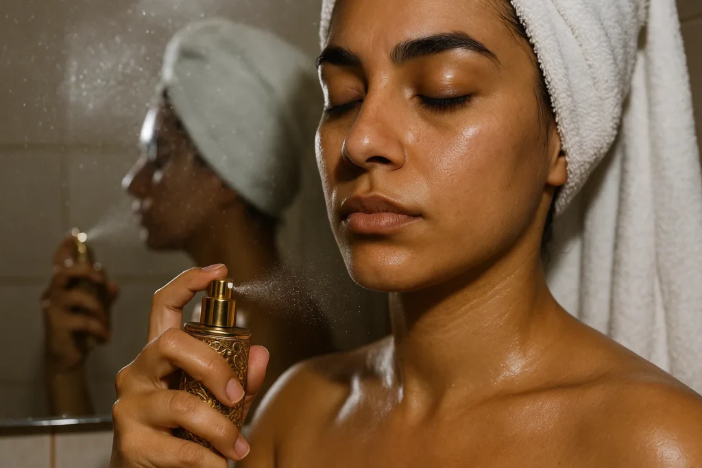 Aplicar perfume árabe en clavícula con flash de móvil tras la ducha