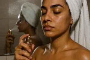Aplicar perfume árabe en clavícula con flash de móvil tras la ducha