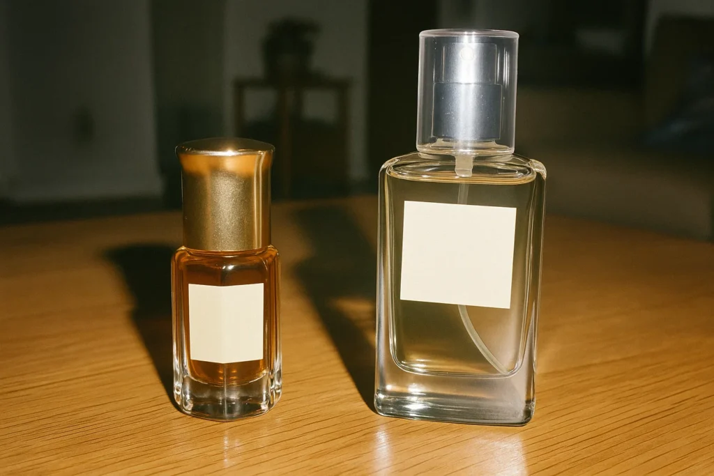 Attar de oud junto a un Eau de Parfum para comparar formatos