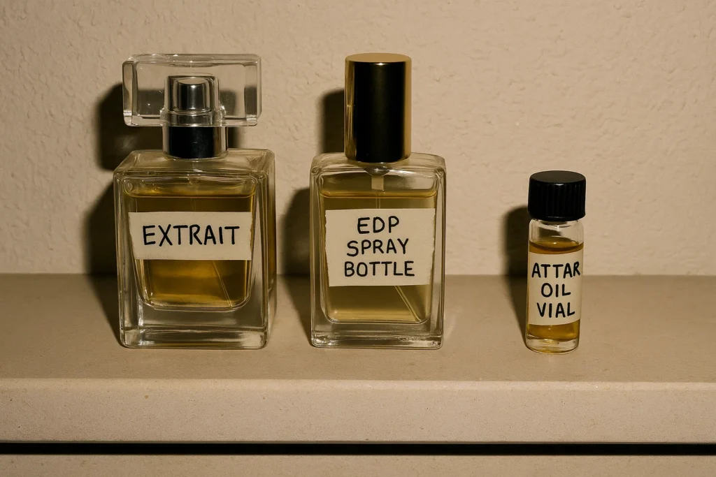 Comparativa realista: extrait, EDP y attar alineados con sombras duras de flash.