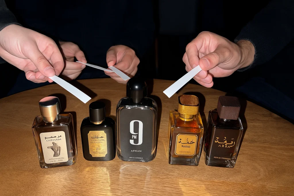 Comparativa de perfumes árabes para hombre en mesa con flash de móvil y sombras marcadas.