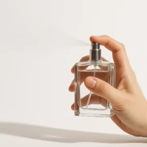 Mano pulverizando perfume con nube de spray sobre fondo blanco