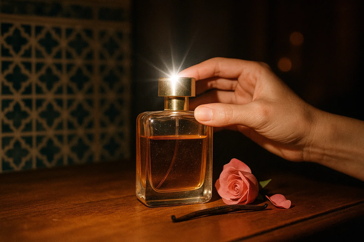 Botella de perfume estilo árabe sobre tocador con flash de móvil, mano femenina colocándola, fondo geométrico nocturno