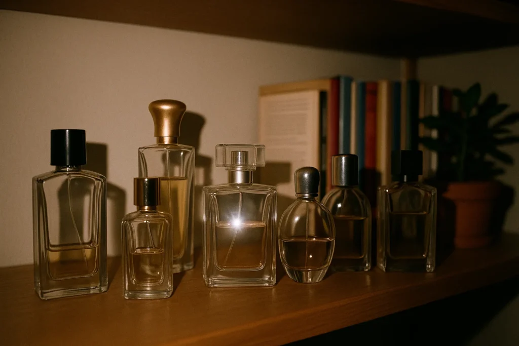 Frascos de perfume económicos sin marca en estantería de casa, foto con flash de móvil