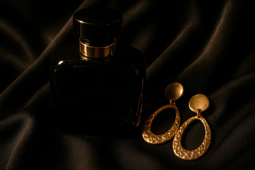 Frasco oscuro con detalles dorados sobre vestido negro, flash directo, lujo sutil