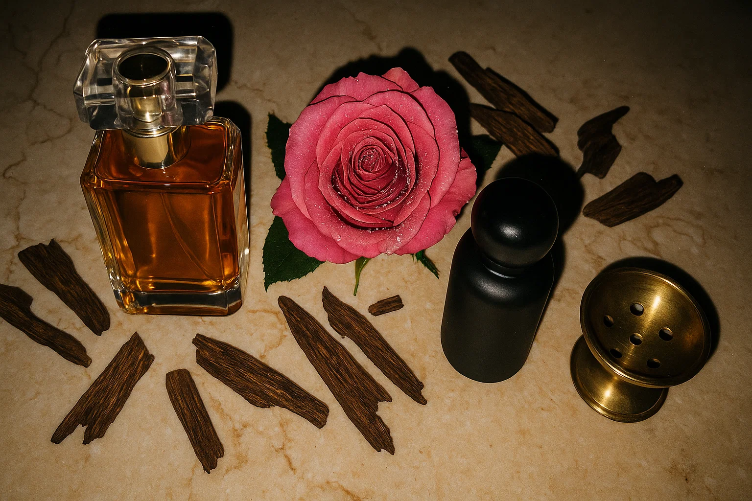 Flat lay nocturno con frascos árabes, oud, rosa de Taif y flash de móvil