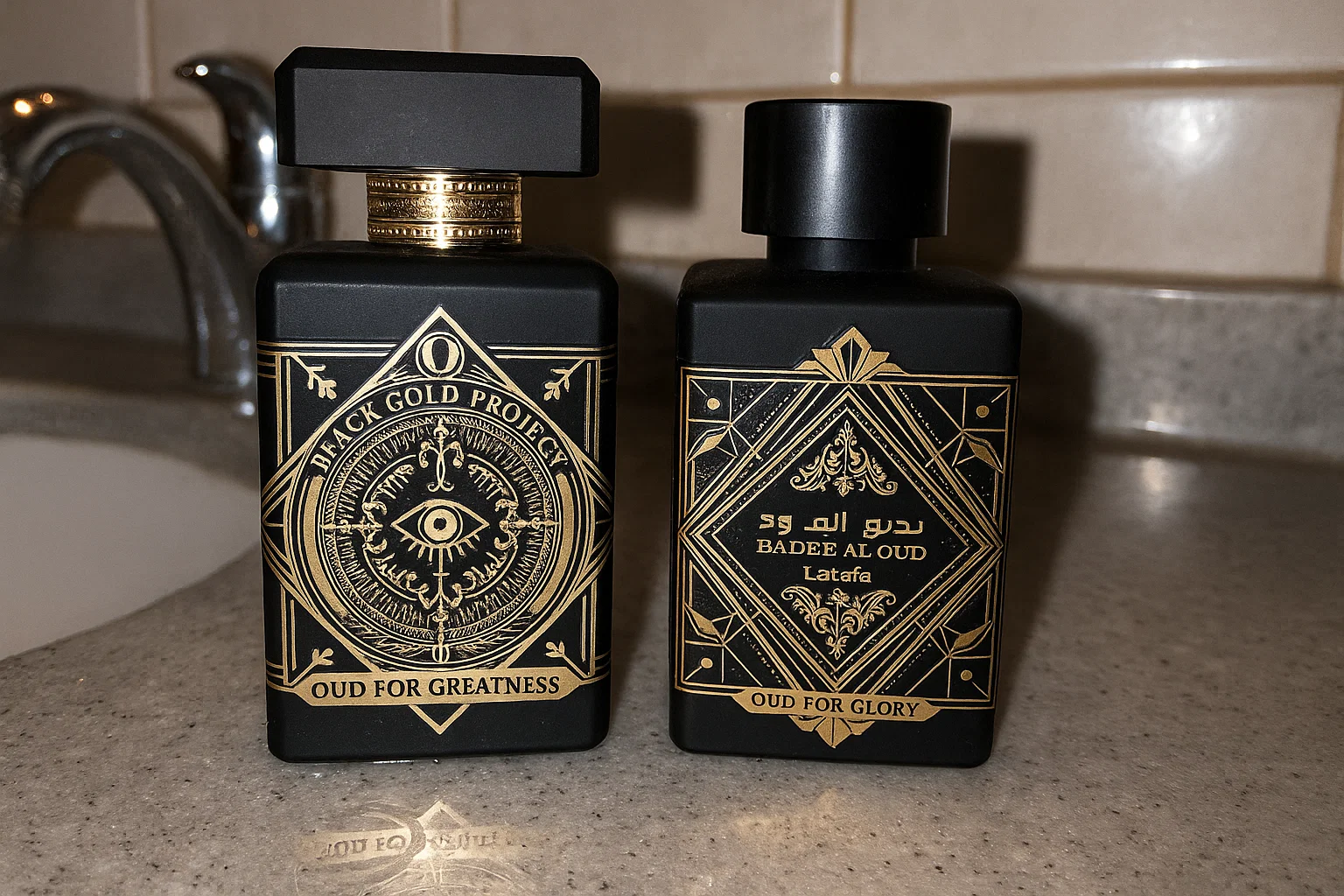 Oud for Glory y Oud for Greatness sobre encimera de baño, foto con móvil y flash, comparación real para el artículo