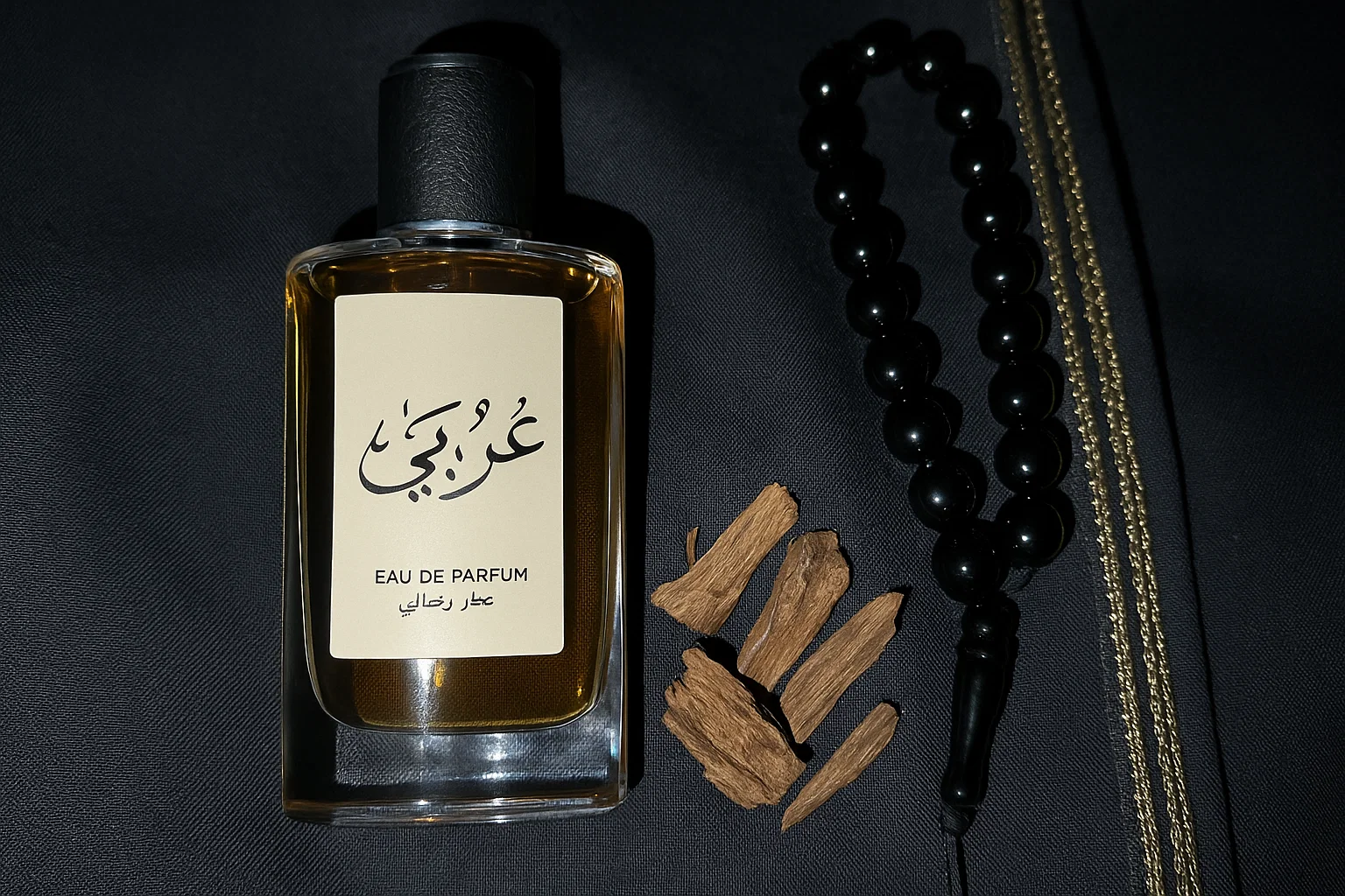 Botella de perfume árabe para hombre sobre bisht con flash de móvil, sombras duras y brillo en vidrio.