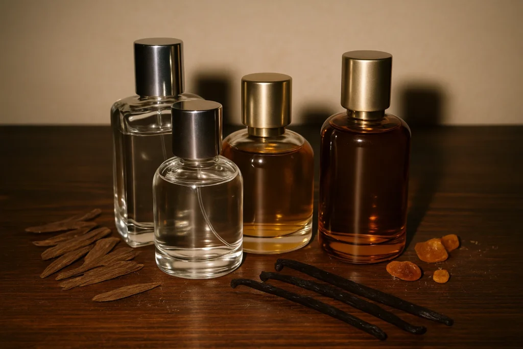 Frascos de perfumes árabes sin marca sobre mesa de madera, tomados con flash de móvil