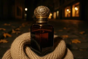 Botella de perfume árabe sobre bufanda de lana en noche de otoño con flash
