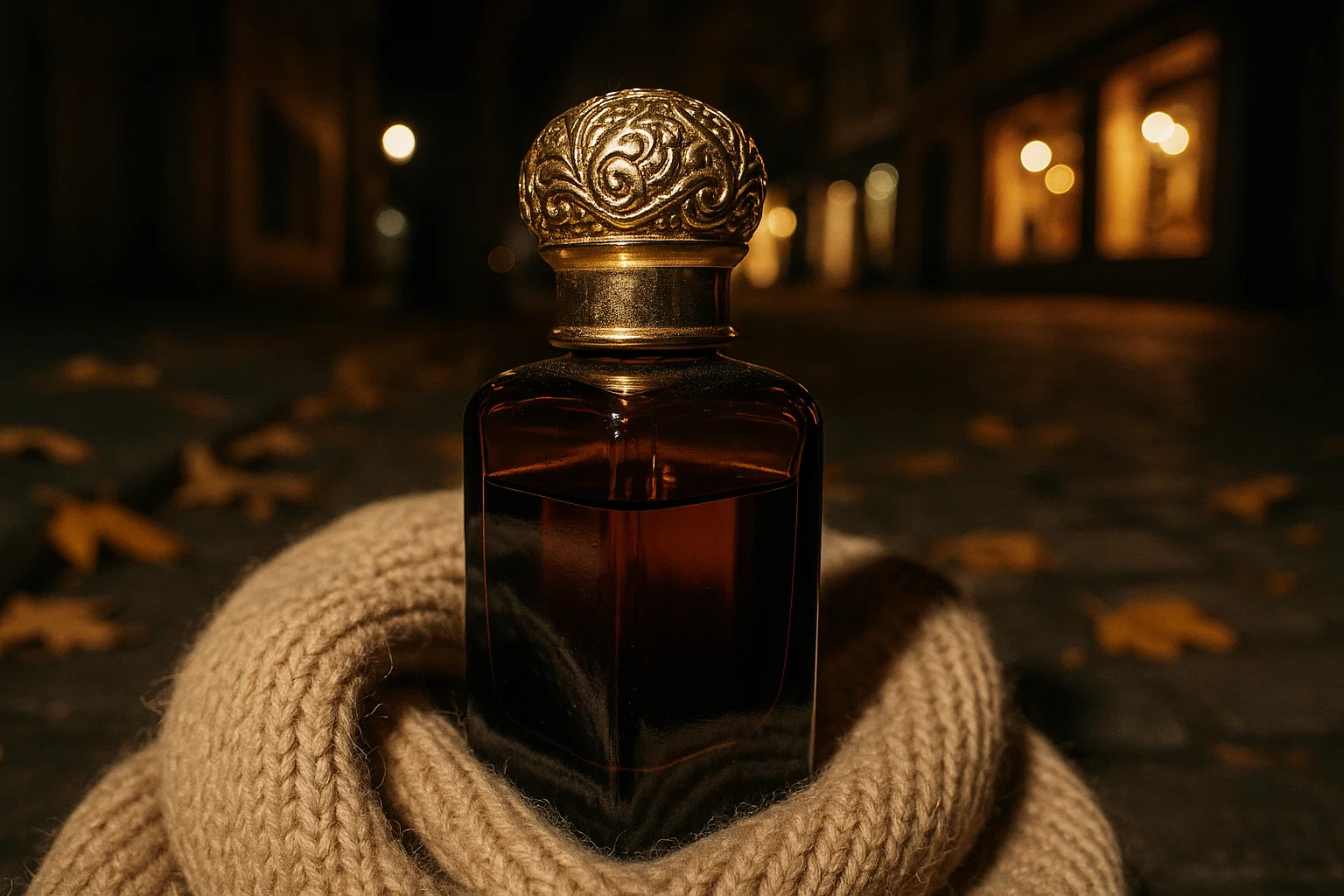 Botella de perfume árabe sobre bufanda de lana en noche de otoño con flash