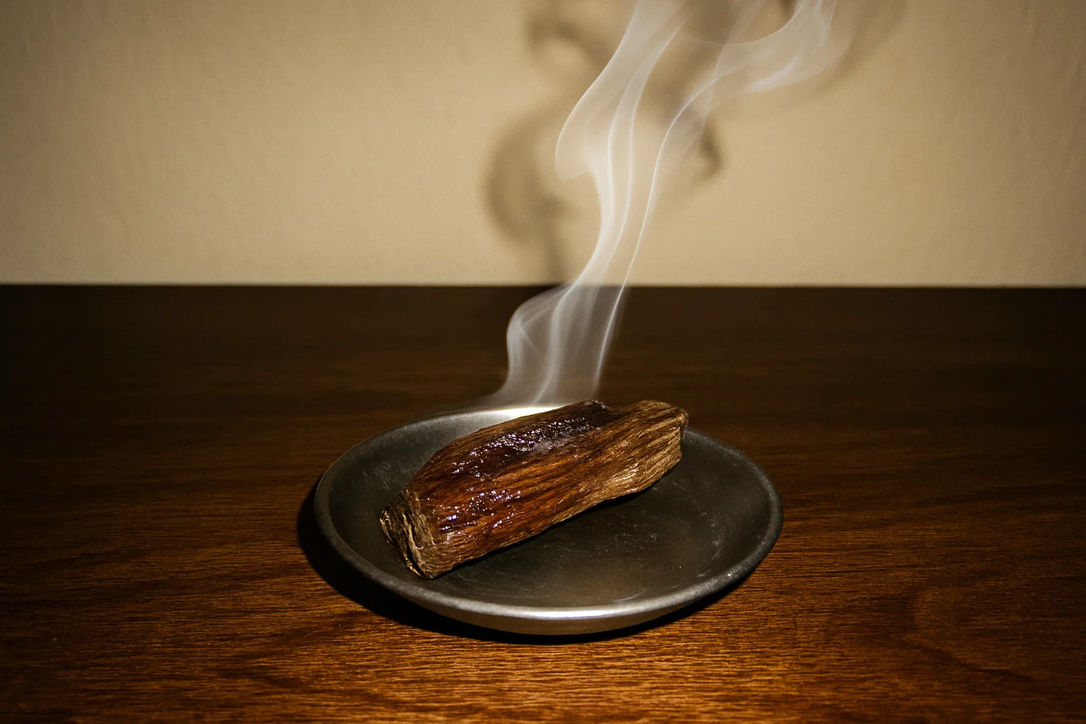 Chip de madera de agar (oud) humeando sobre un platillo, iluminado con flash de móvil