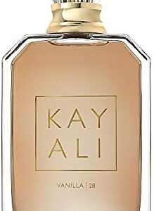 Perfume Kayali Vanilla 28 EDP 50 ml frasco transparente con líquido ámbar y tapón dorado