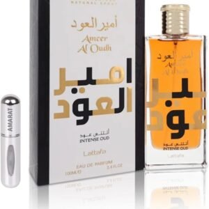 Perfume Lattafa Ameer Al Oudh Intense Oud EDP 100 ml frasco negro con tapa dorada