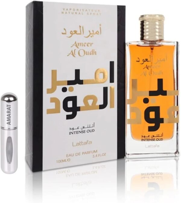 Perfume Lattafa Ameer Al Oudh Intense Oud EDP 100 ml frasco negro con tapa dorada