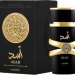 Perfume Lattafa Asad EDP 100 ml frasco negro sobre fondo blanco