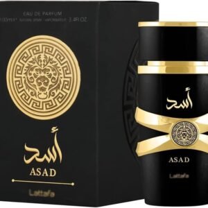 Perfume Lattafa Asad EDP 100 ml frasco negro sobre fondo blanco
