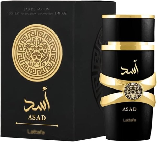 Perfume Lattafa Asad EDP 100 ml frasco negro sobre fondo blanco