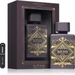 Perfume Lattafa Bade’e Al Oud Amethyst EDP 100 ml frasco púrpura y dorado