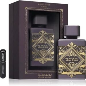 Perfume Lattafa Bade’e Al Oud Amethyst EDP 100 ml frasco púrpura y dorado