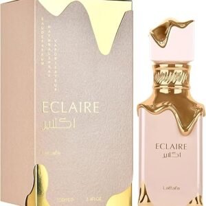 Perfume Lattafa Eclaire EDP 100 ml frasco beige con tapa dorada y letras en relieve