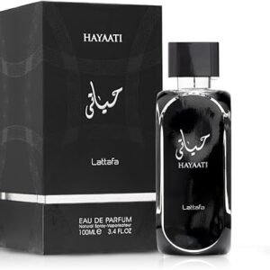 Perfume Lattafa Hayaati EDP 100 ml frasco negro con plata