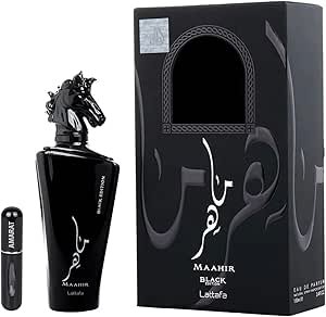 Perfume Lattafa Maahir Black Edition EDP 100 ml frasco negro con tapa dorada
