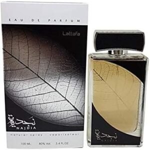 Perfume Lattafa Najdia Silver EDP 100 ml frasco plateado brillante