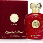 Perfume Lattafa Opulent Red EDP 100 ml frasco rojo con detalles dorados sobre fondo neutro