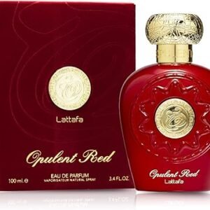 Perfume Lattafa Opulent Red EDP 100 ml frasco rojo con detalles dorados sobre fondo neutro