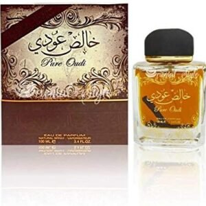 Perfume Lattafa Pure Oudi EDP 100 ml frasco marrón y dorado