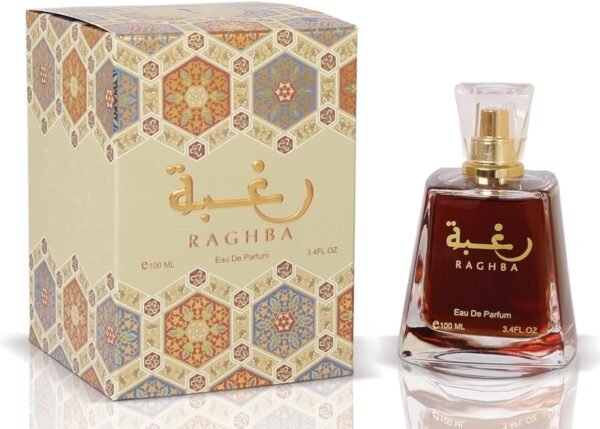 Perfume Lattafa Raghba EDP 100 ml frasco marrón con tapa dorada