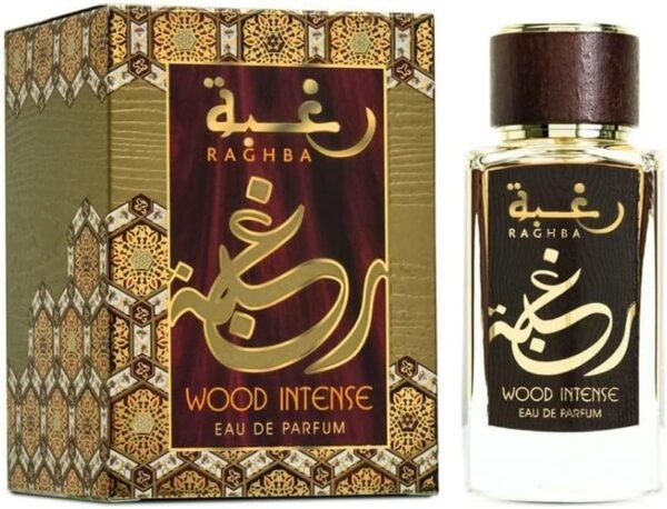 Perfume Lattafa Raghba Wood Intense EDP 100 ml frasco negro y dorado