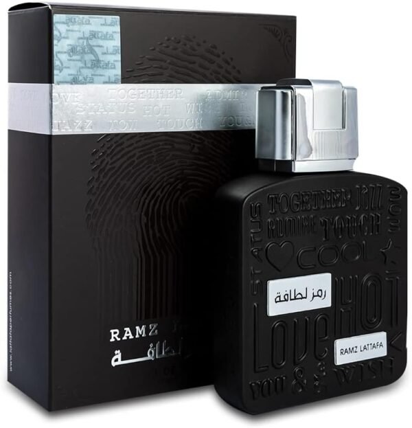 Perfume Lattafa Ramz Silver EDP 100 ml frasco plateado con negro