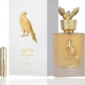 Perfume Lattafa Shaheen Gold EDP 100 ml frasco dorado con tapa metálica