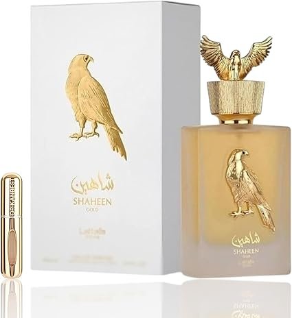 Perfume Lattafa Shaheen Gold EDP 100 ml frasco dorado con tapa metálica