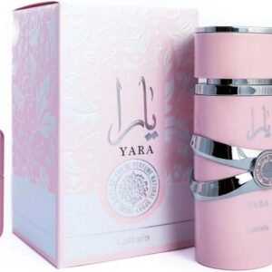 Perfume Lattafa Yara EDP 100 ml frasco rosa con detalles dorados