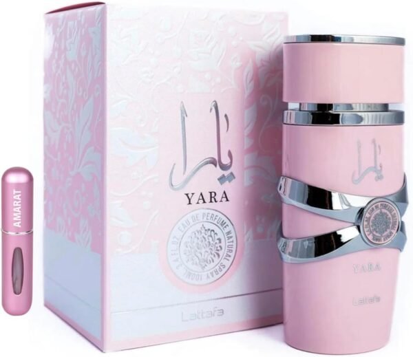 Perfume Lattafa Yara EDP 100 ml frasco rosa con detalles dorados