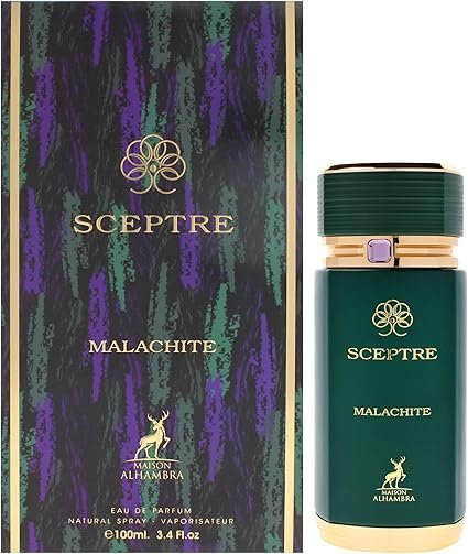 Perfume Maison Alhambra Sceptre Malachite EDP 100 ml frasco verde esmeralda con detalles dorados