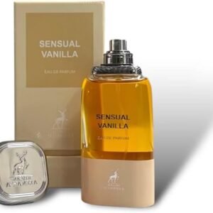 Perfume Maison Alhambra Sensual Vanilla EDP 80 ml frasco dorado elegante sobre fondo neutro
