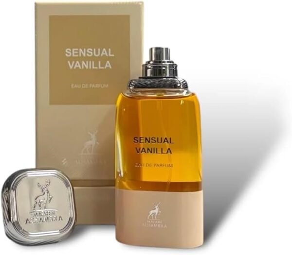 Perfume Maison Alhambra Sensual Vanilla EDP 80 ml frasco dorado elegante sobre fondo neutro
