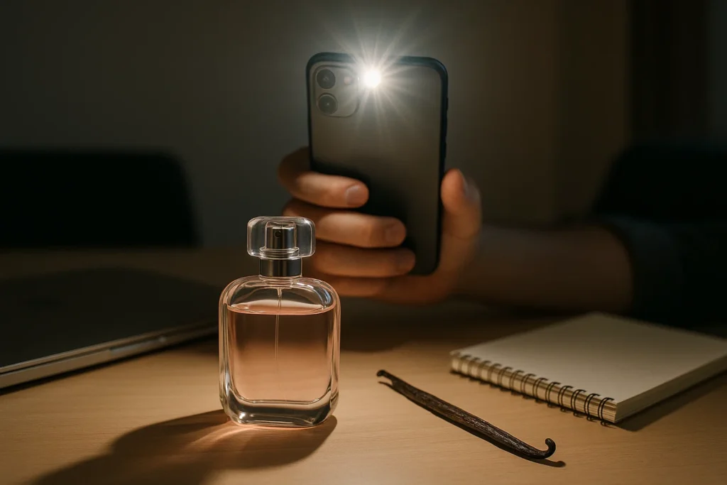 Perfume rosa-vainilla en escritorio de oficina, flash directo y sombras cortas.
