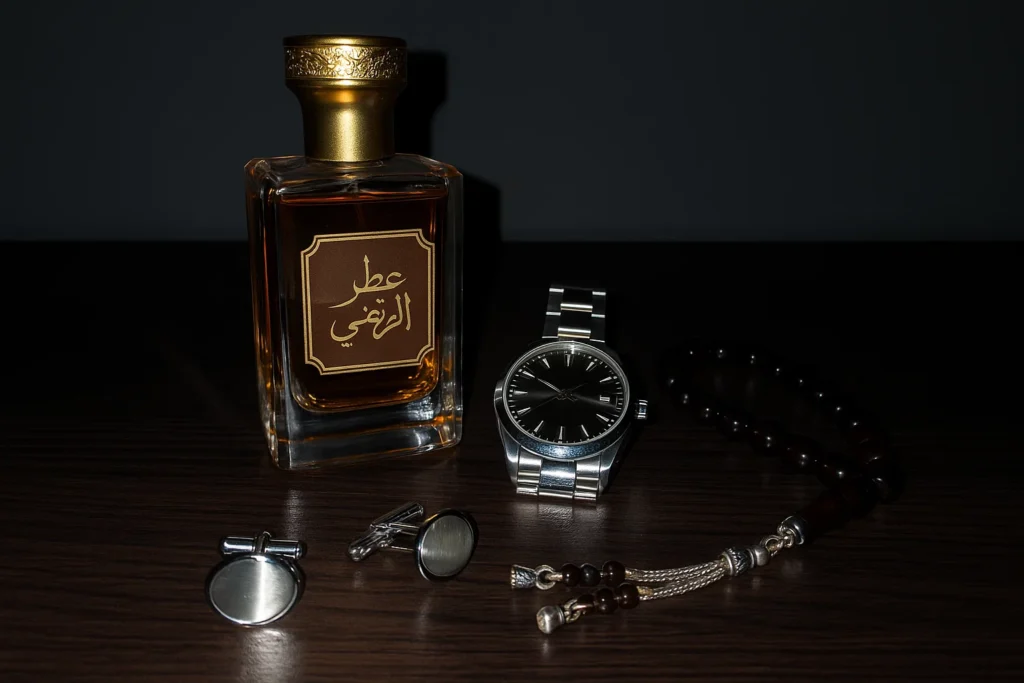 Escena de tocador masculino con perfume árabe, gemelos y reloj, iluminada con flash de móvil.