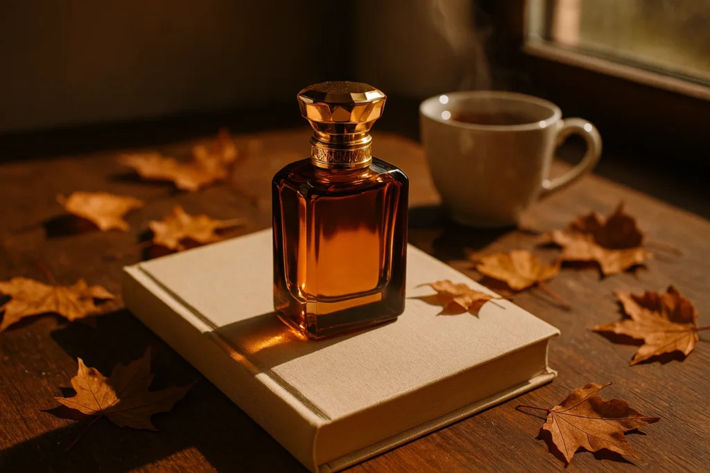 Perfume árabe con rosa, canela y clavo en escena cálida de otoño con flash