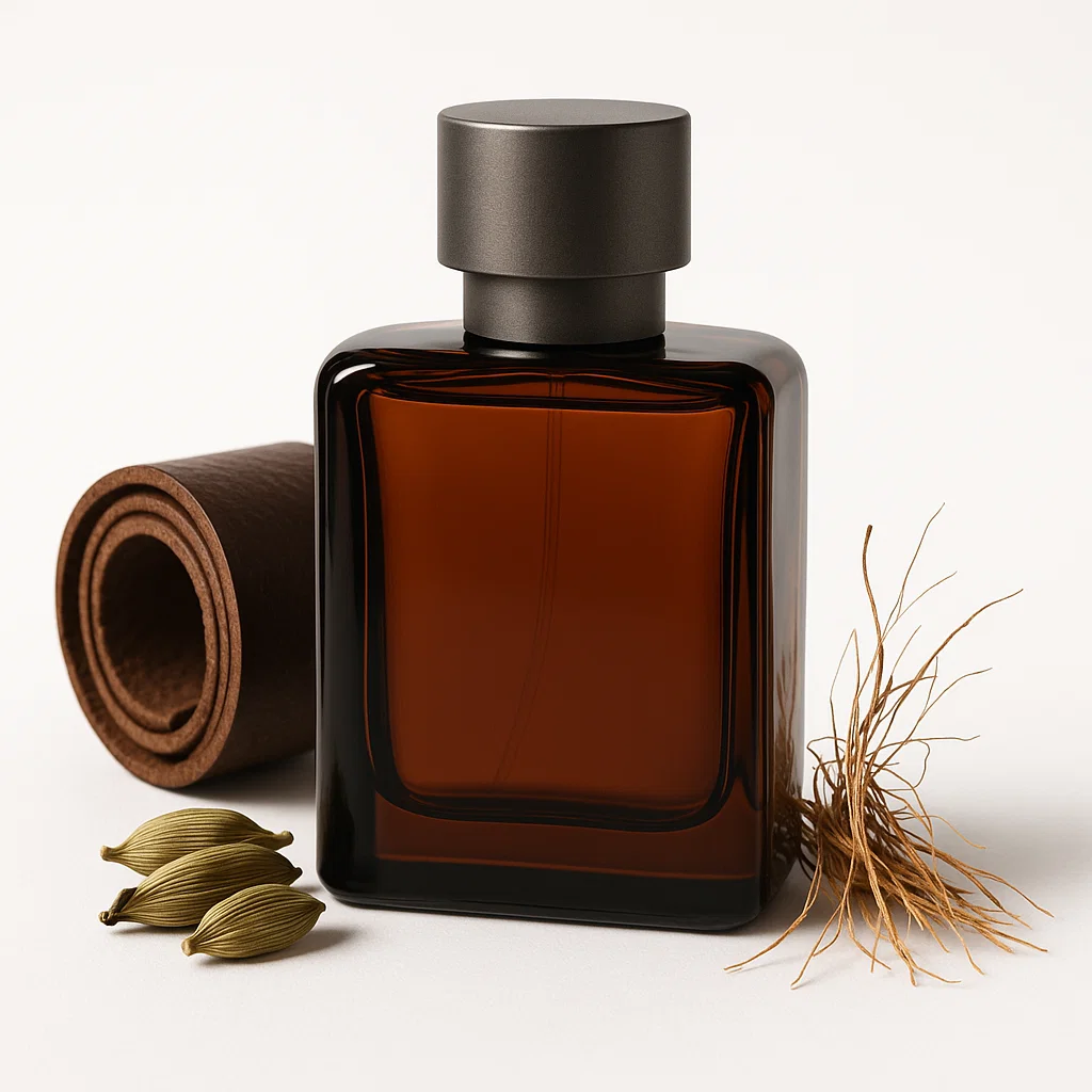 Perfumes árabes para hombre con oud, especias y maderas sobre fondo blanco